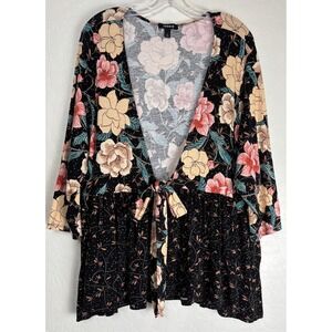 Torrid Floral Tie Front Peplum Cardigan Kimono Top Black Pink Size 4X 2418